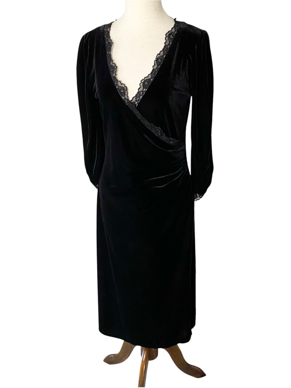 VINTAGE Ruched Wrap Velvet Midi Dress - Picture 2 of 6